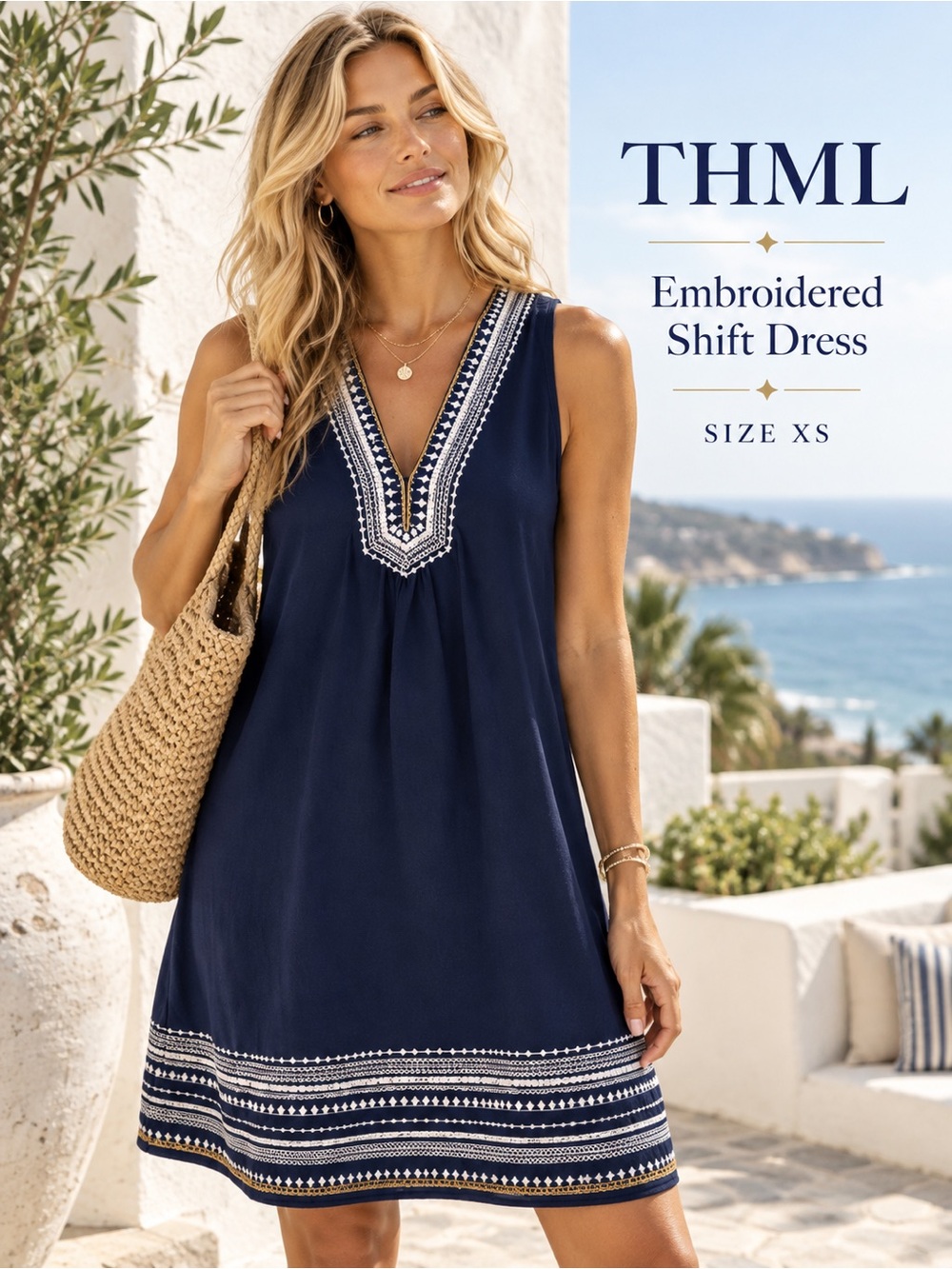 THML Navy Embroidered Shift Dress XS Boho Sleeveless Resort Mini Dress